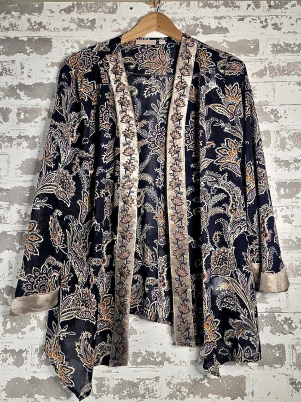 Belle by Kim Gravel L Paisley Chiffon Cardigan Velvet Trim Kimono